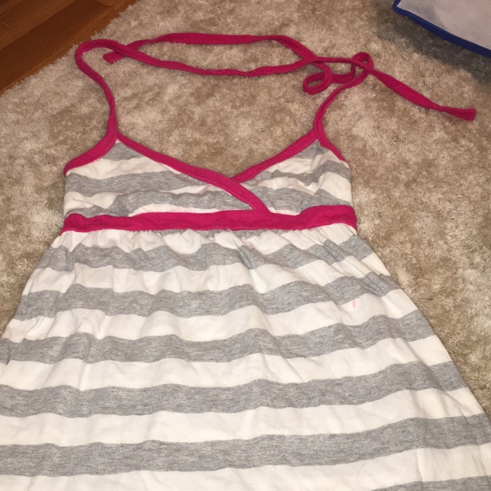 SUMMER SUN DRESS: Grey, white, and pink stripped halter dress.